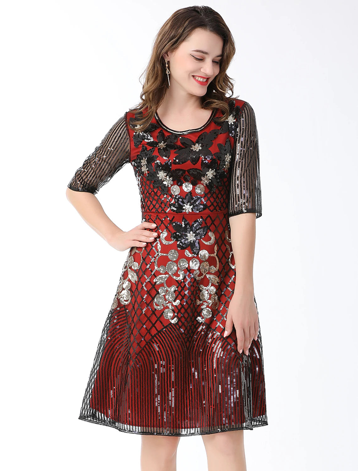 Luolandi A-Line Cocktail Dresses Vintage Dress Holiday Knee Length Half Sleeve Jewel Neck Cotton Blend with Sequin